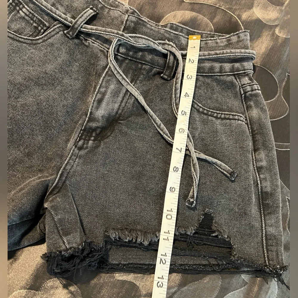 Denim Blvd Los Angeles Women’s Faded Black Denim High Waist Shorts Tie Belt SM